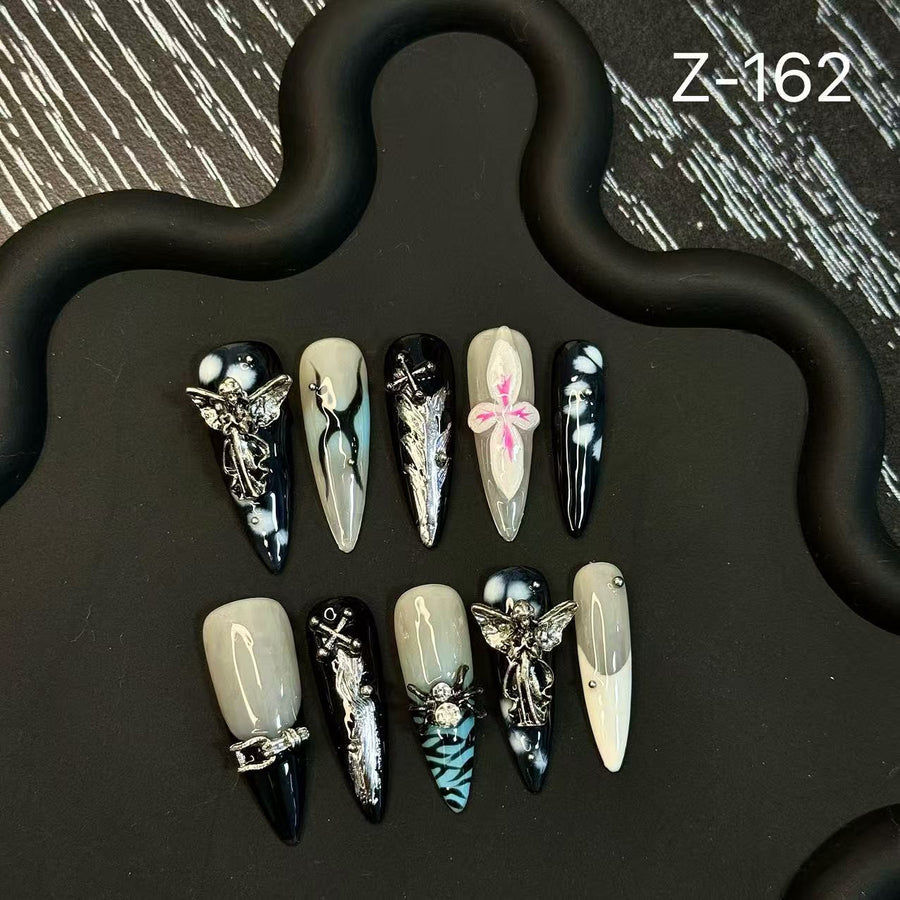 365nails: "Dark Angel" – 3D Metal Charm & Hand-Painted Gothic Handmade Stiletto Nails