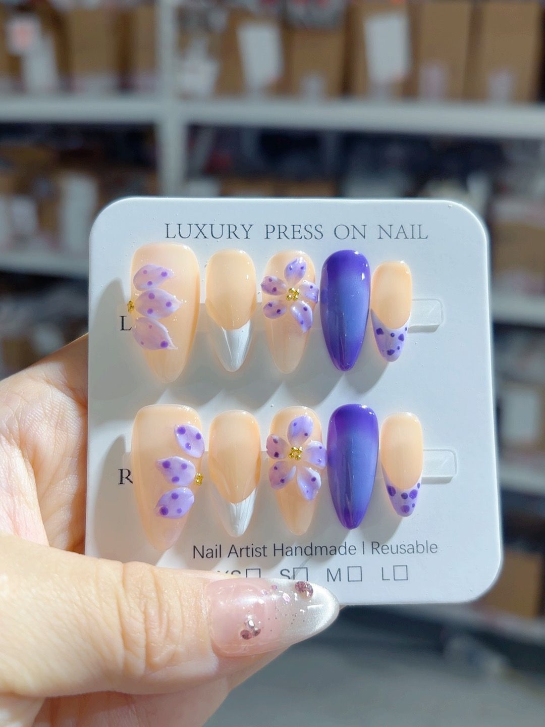 Purple Fantasy: "Lavender Bloom" – Almond Shape Handmade 3D Carved Press-On Nails