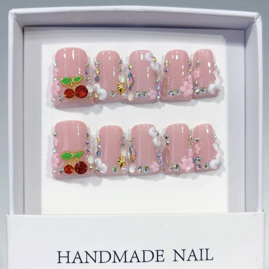 Cherry Sweet: "Sparkle Cherry Cloud" – Square Press-On Nails