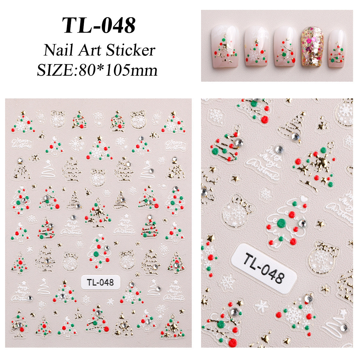 Crystal Diamond Christmas Tree Nail Art Sticker 5D Embossed Three-dimensional Gold Bead Christmas Tree DIY Nail Sticker Ornament TL