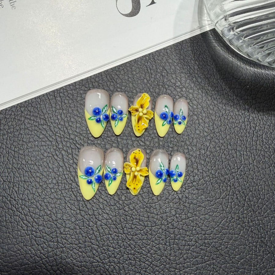 365nails: "Sunset Serenade" – 3D Floral & Gradient Handmade Almond Nails