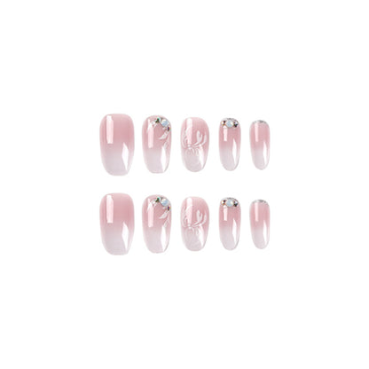 Nail art piece pink and white gradual change press on nails short petal rhinestone nail art patch press on nails press on nails wholesale｜365nails