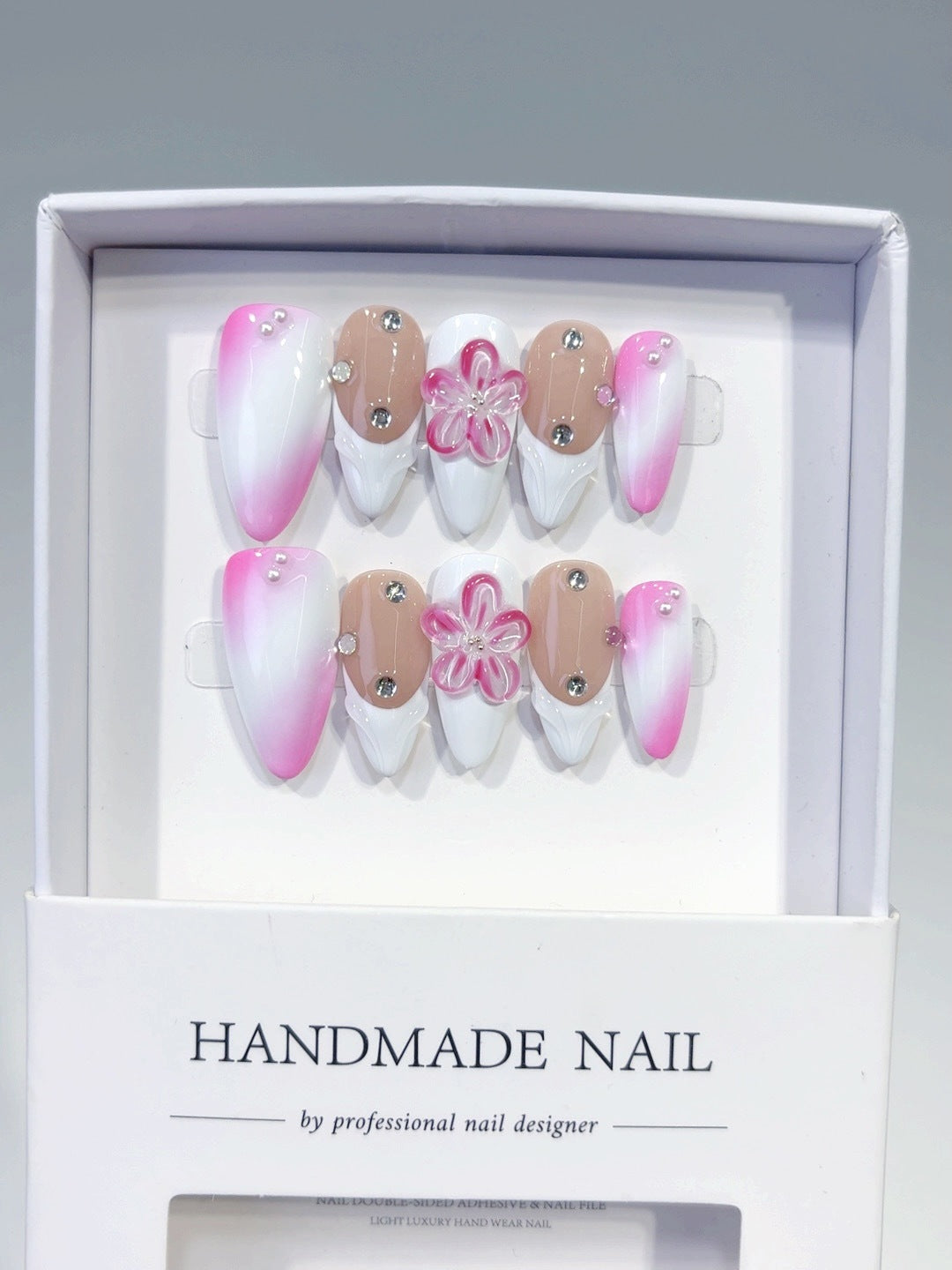 365nails-Sakura Romance: "Flor Rosa Degradê" – Unhas Postiças Artesanais Longas Amêndoas