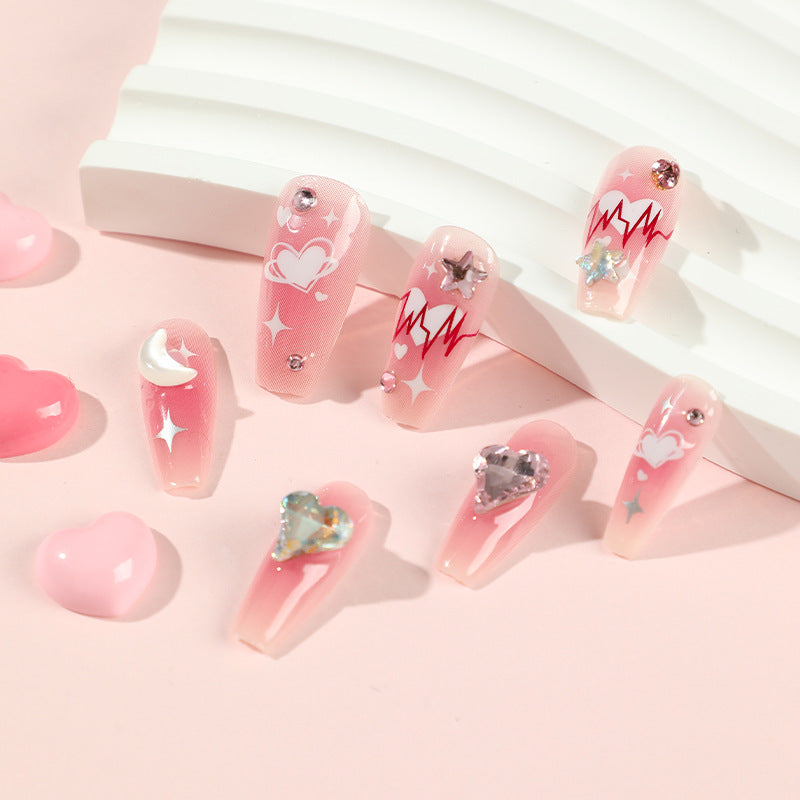 Uñas postizas con diseño de corazón, luna y estrella, venta al por mayor, diseño de San Valentín en color rosa, con destellos de amor y diamantes, para uñas postizas | 365nails