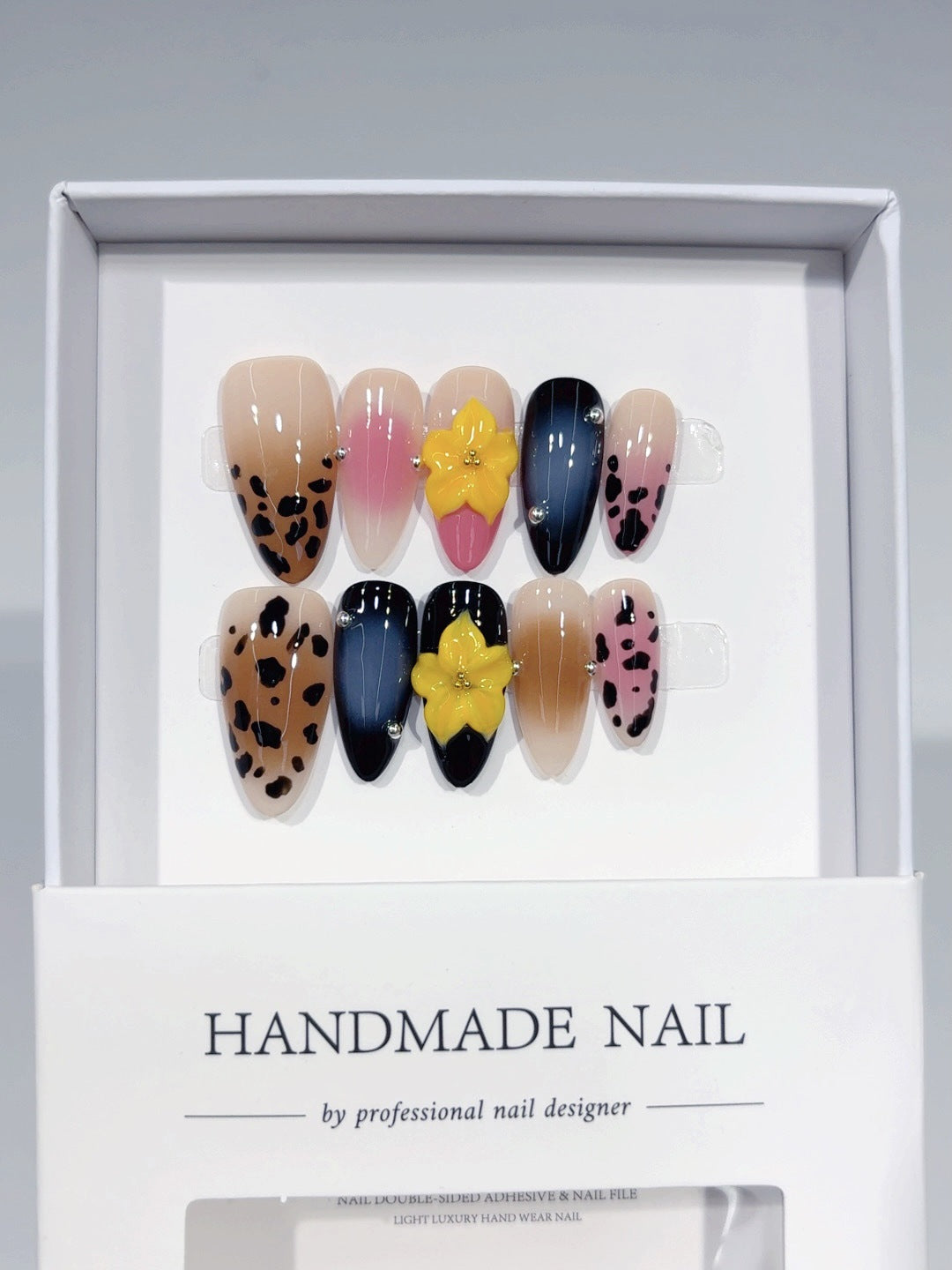 Wild Bloom: "Leopard & Flower" – Medium Almond Handmade Press On Nails