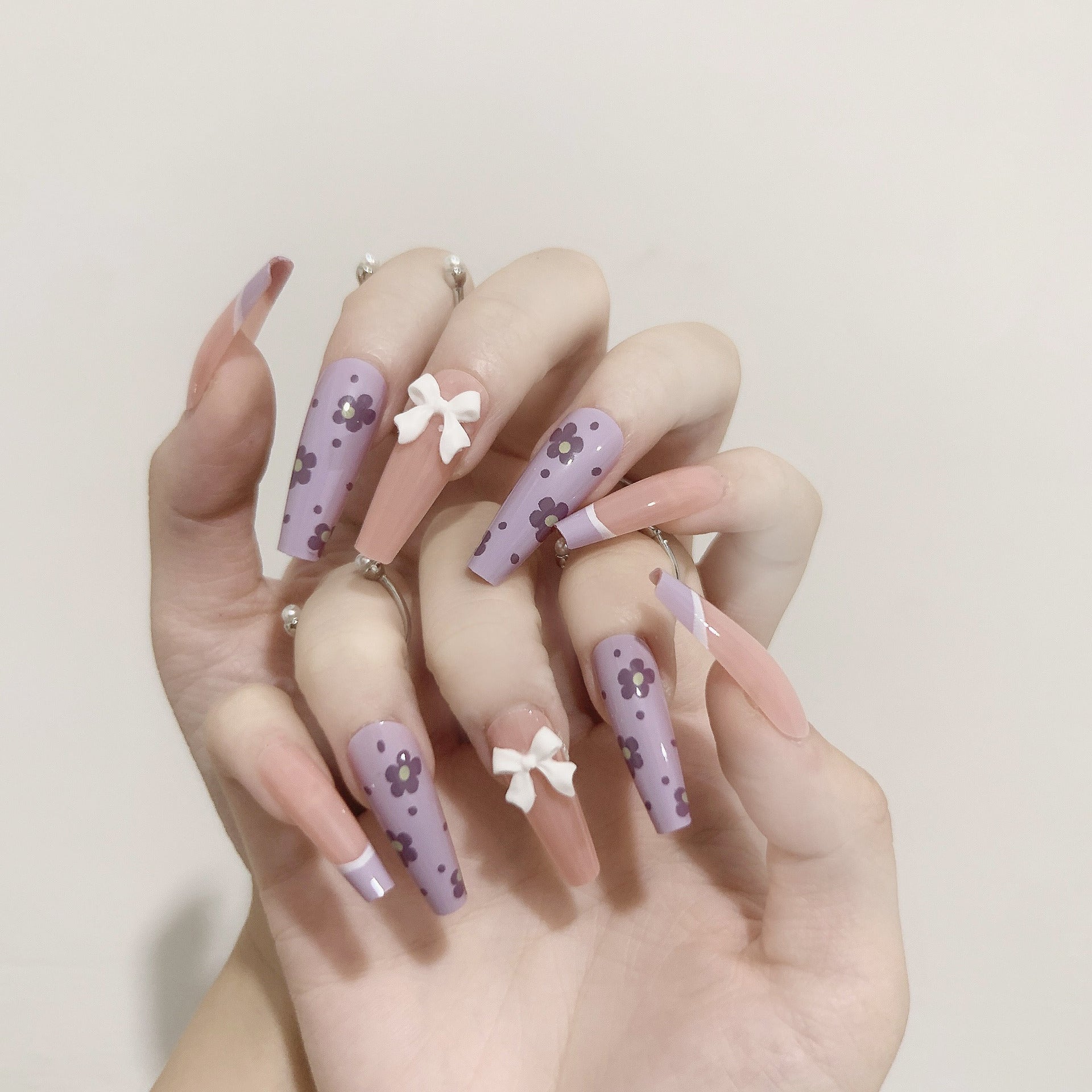 冰透芋色花朵法式成品美甲貼（可拆式穿戴）｜365nails
