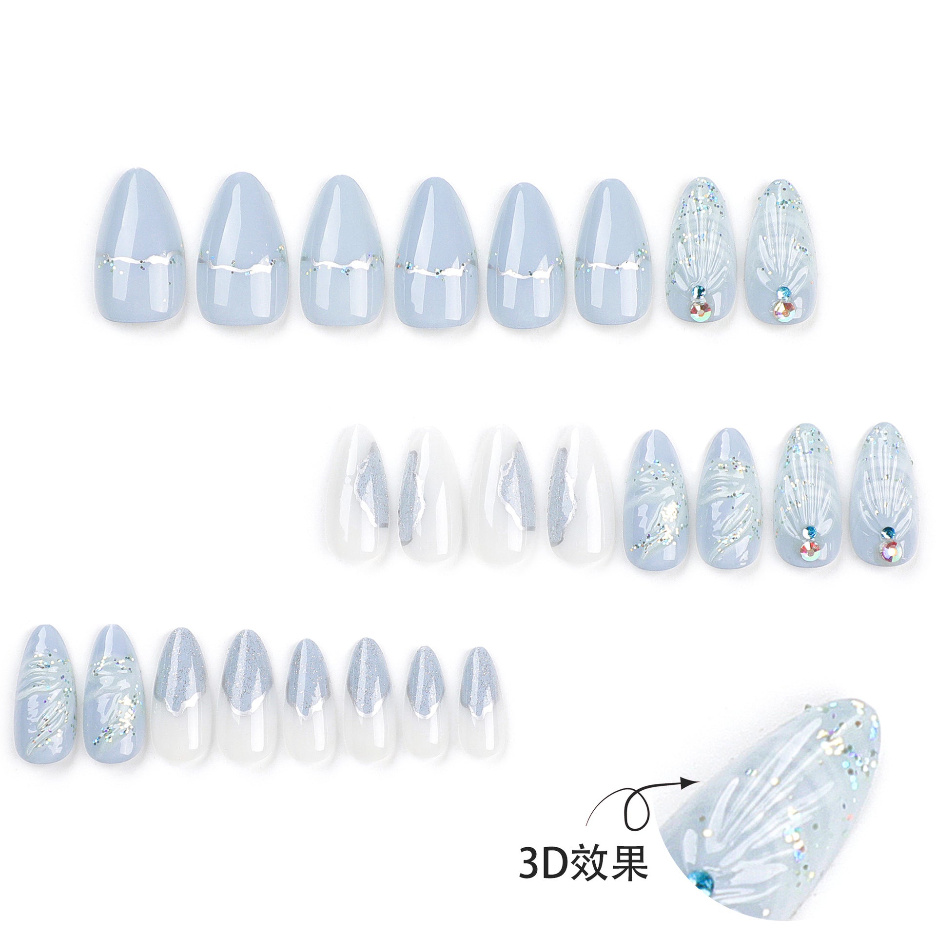 熱銷成品甲片 — 冷色系3D水滴貝殼款 杏仁形｜批發｜365nails