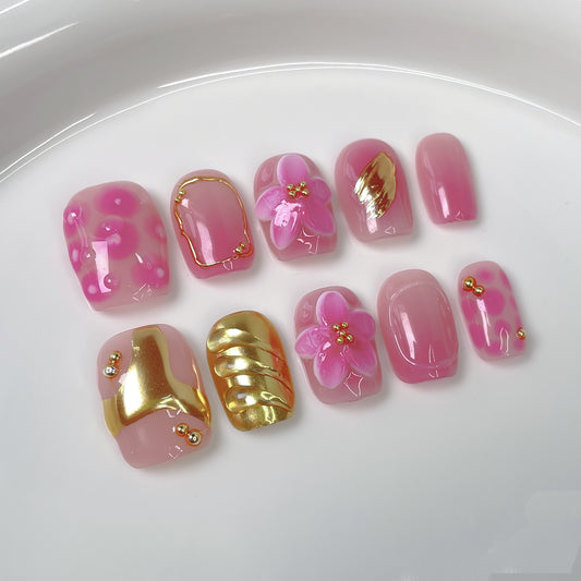 Sweet ice blush nail  3d three-dimensional engraving advanced sense short wear armor pure handmade｜365nails