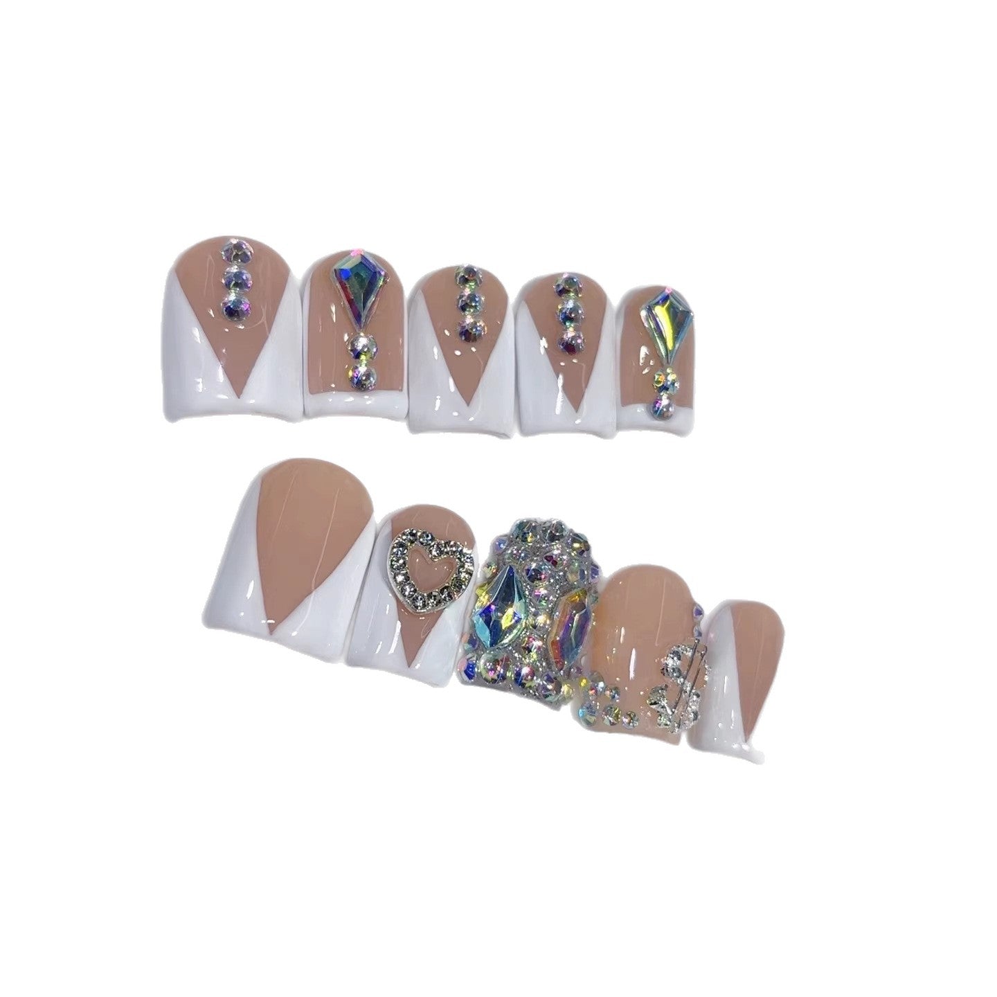 365nails: "Diamond V-Luxe" – Unhas Postiças Curtas Quadradas Nude V-French com Strass Feitas à Mão