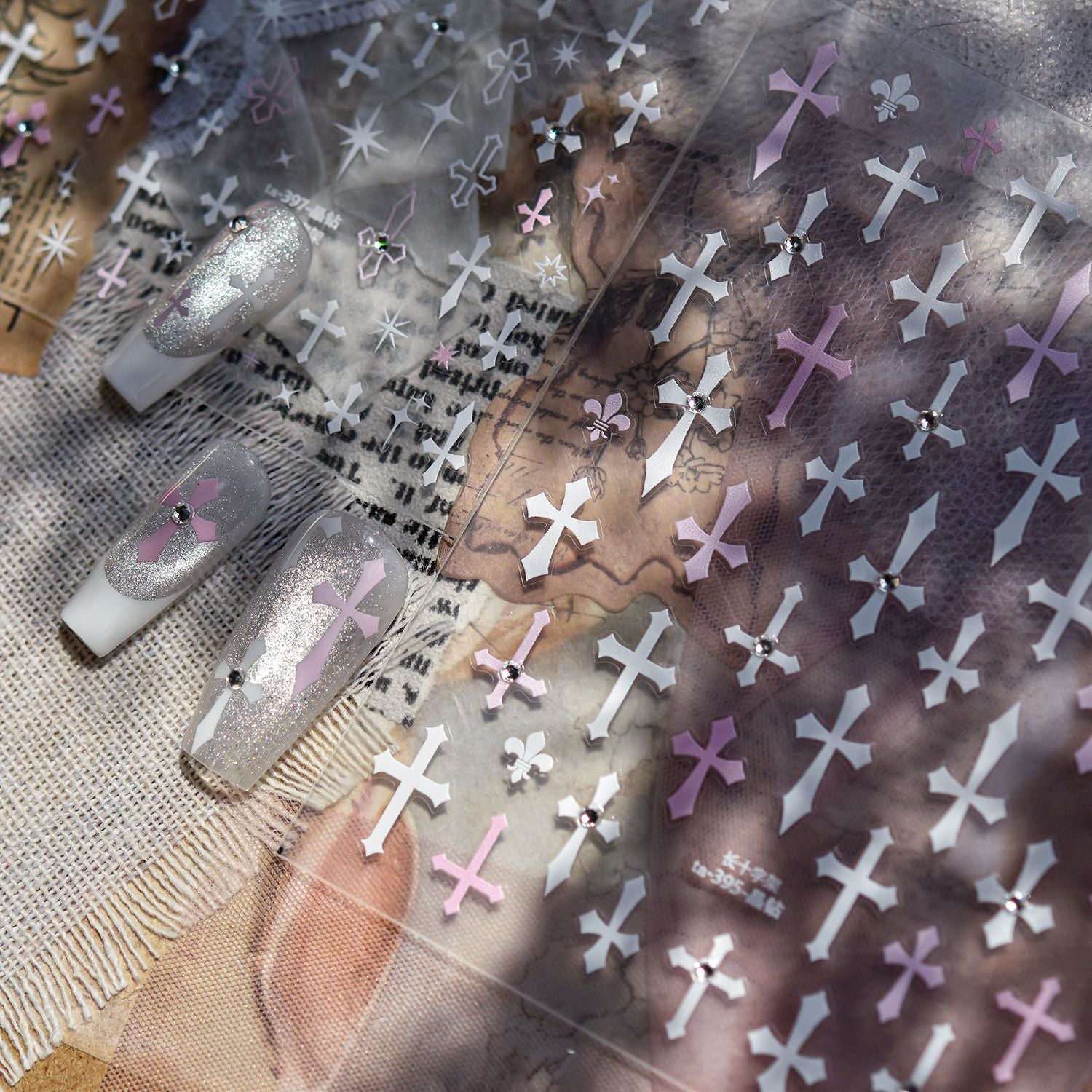 Crystal Cross Collection: "Sweet Pink Cross & Crystal" – 3D Embossed Nail Sticker