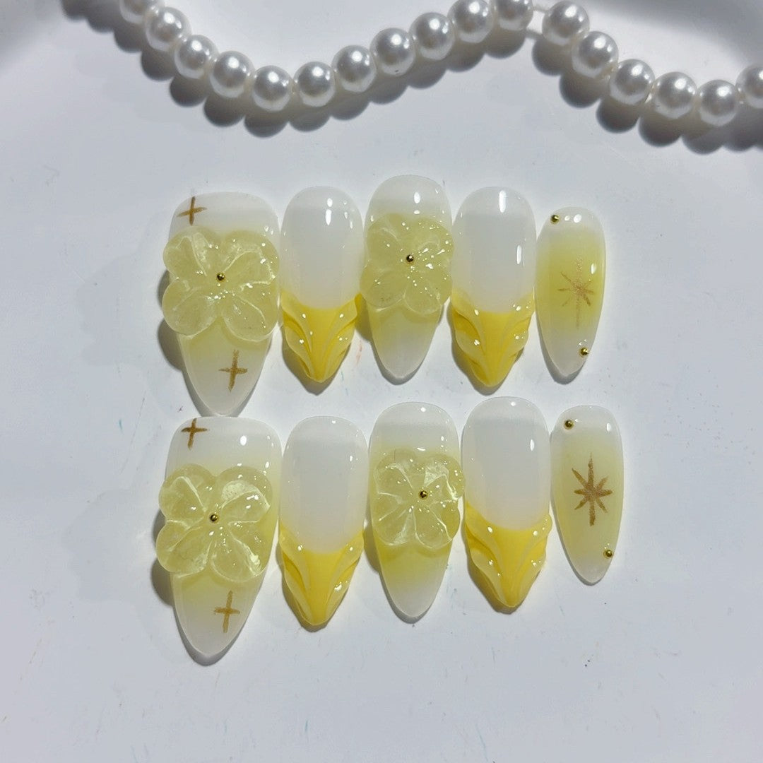 365nails-Spring Whisper: "Buttercup Bloom" – Almond Shape Handmade 3D Carved Press-On Nails