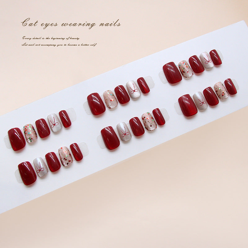 Nail Tips  prefabricated nail cat eye three-dimensional red bow colorful and flashing  press on nails 30 pieces｜365nails