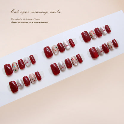 Nail Tips  prefabricated nail cat eye three-dimensional red bow colorful and flashing  press on nails 30 pieces｜365nails