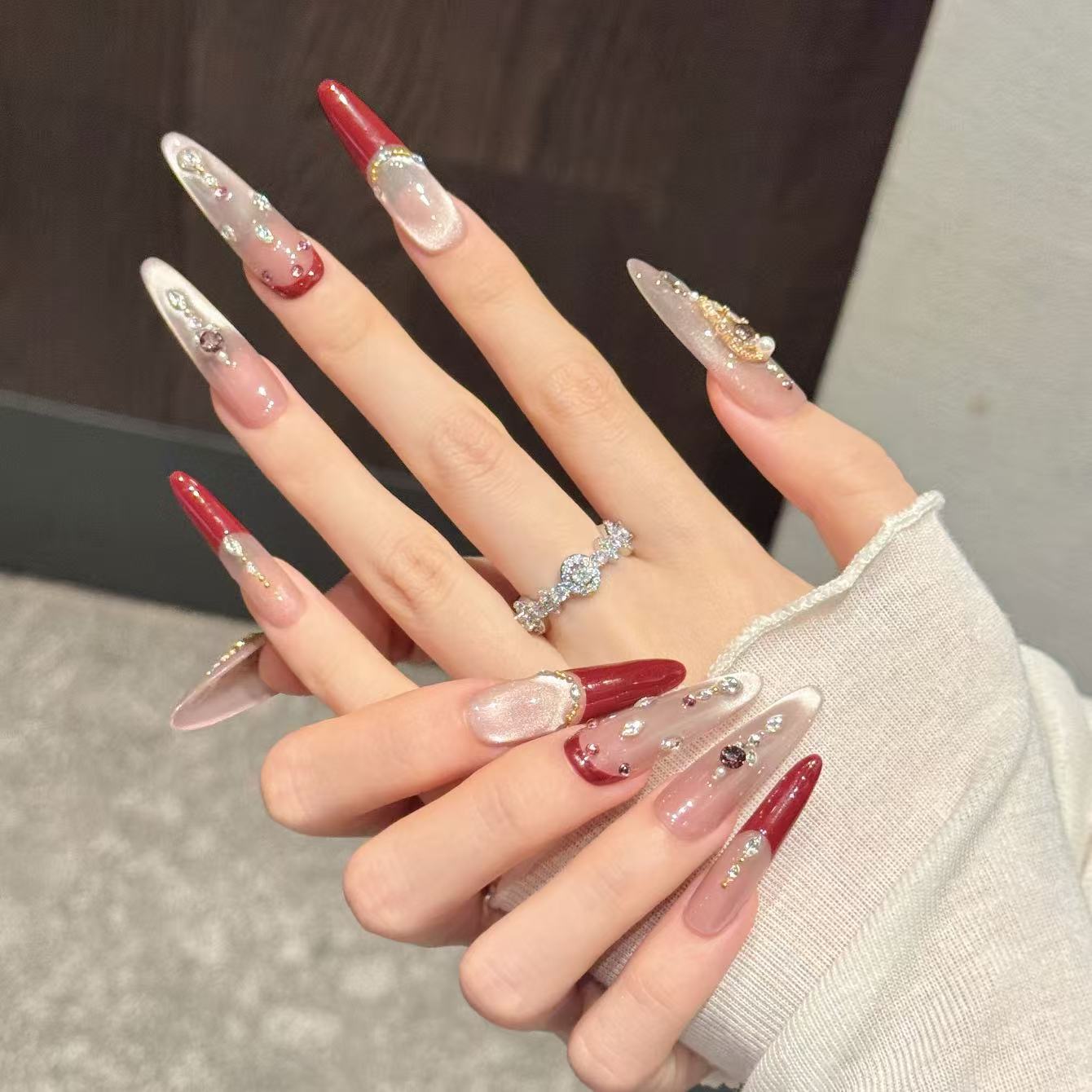 Glam Red Gold Long Crystal Almond Stiletto Nail Set
