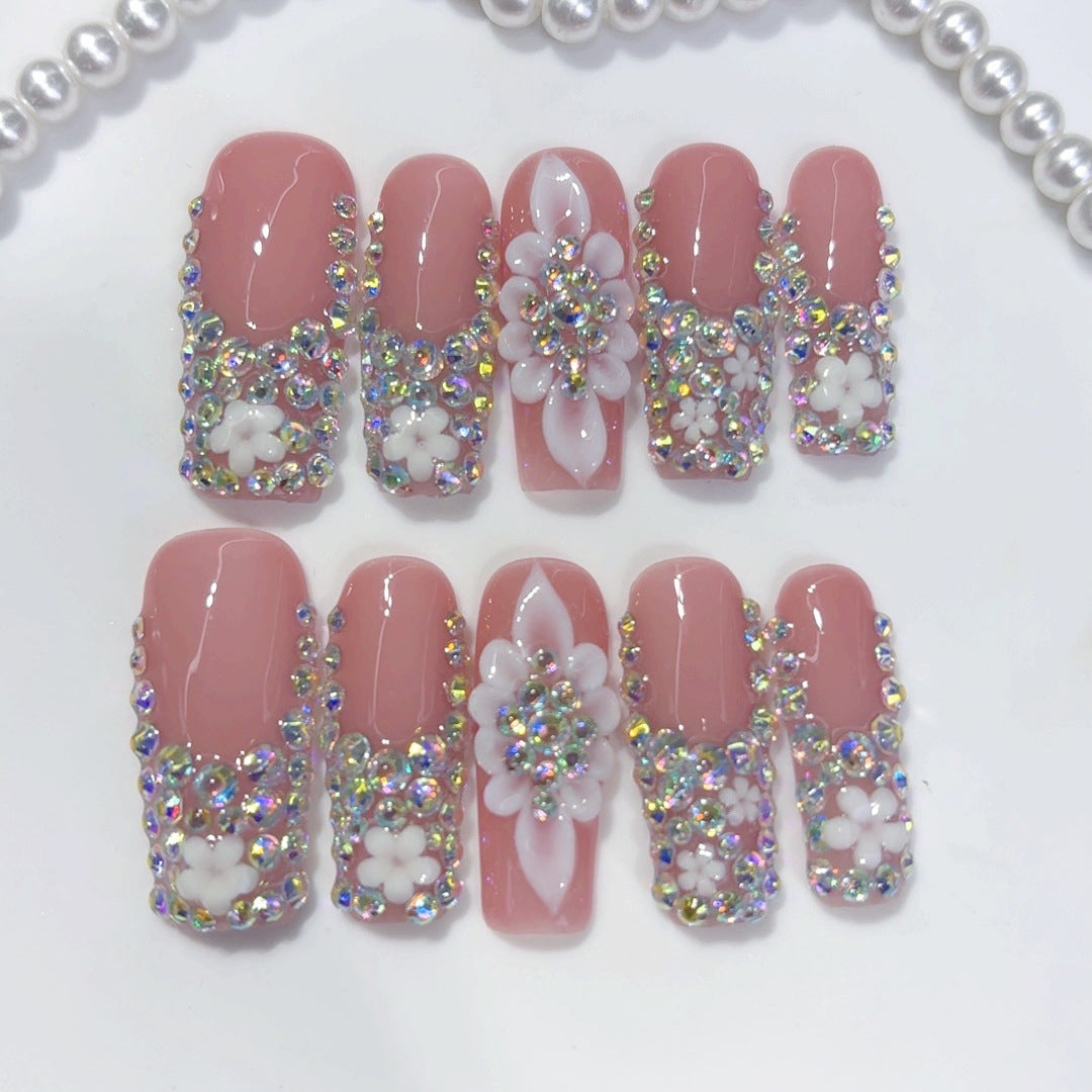 Luxe floral cristal : "Strass & Fleur" – Ongles press-on forme carrée