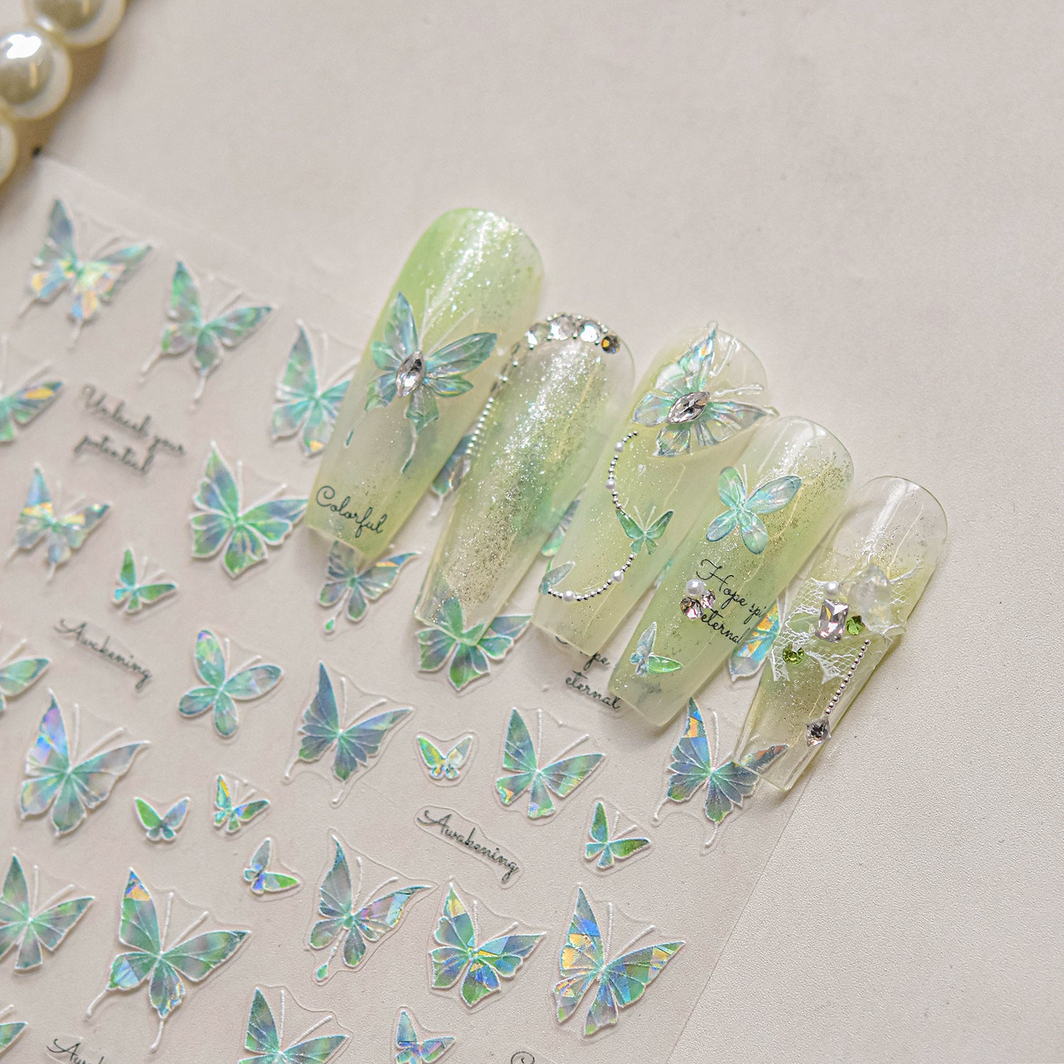 Holographic Aurora Butterfly Nail Stickers – 5D Embossed Iridescent Flutter Set