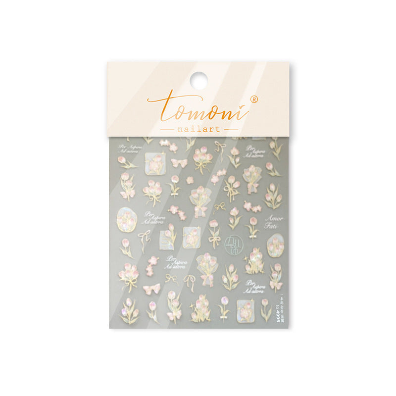 Iridescent Tulip & Amor Script: "Romantic Pink Tulip" – 5D Embossed Nail Sticker