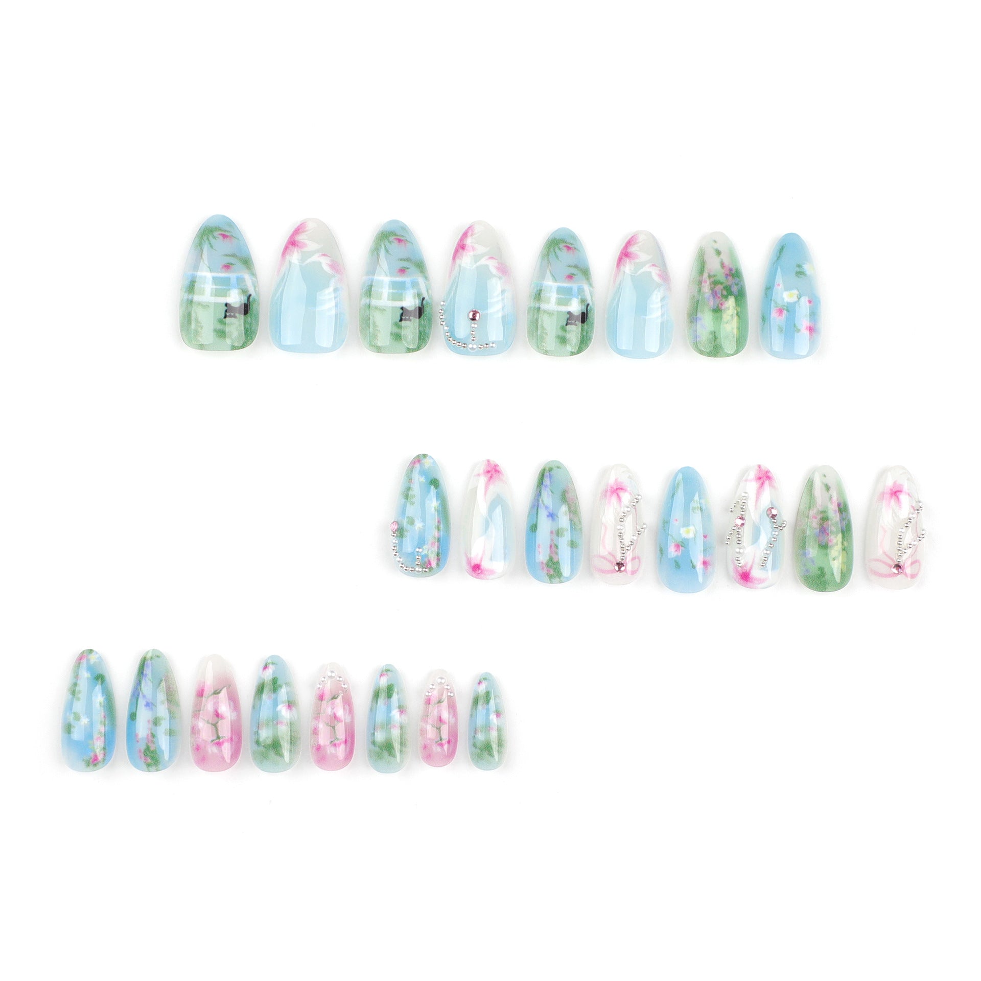 24片裝 春夏新品 杏仁形田園風小清新花朵穿戴甲 批發 ｜365nails