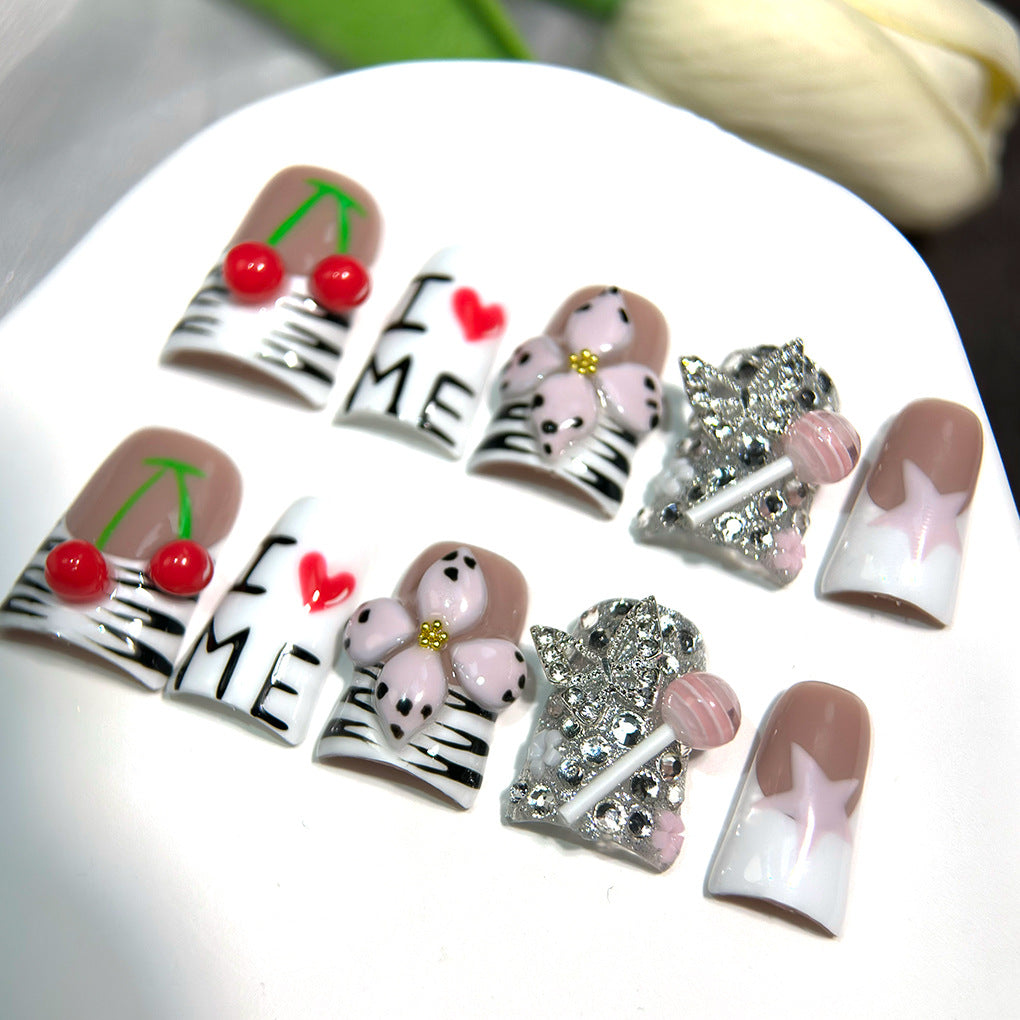 Cute Cherry Letter Star Embellished Press On Nails