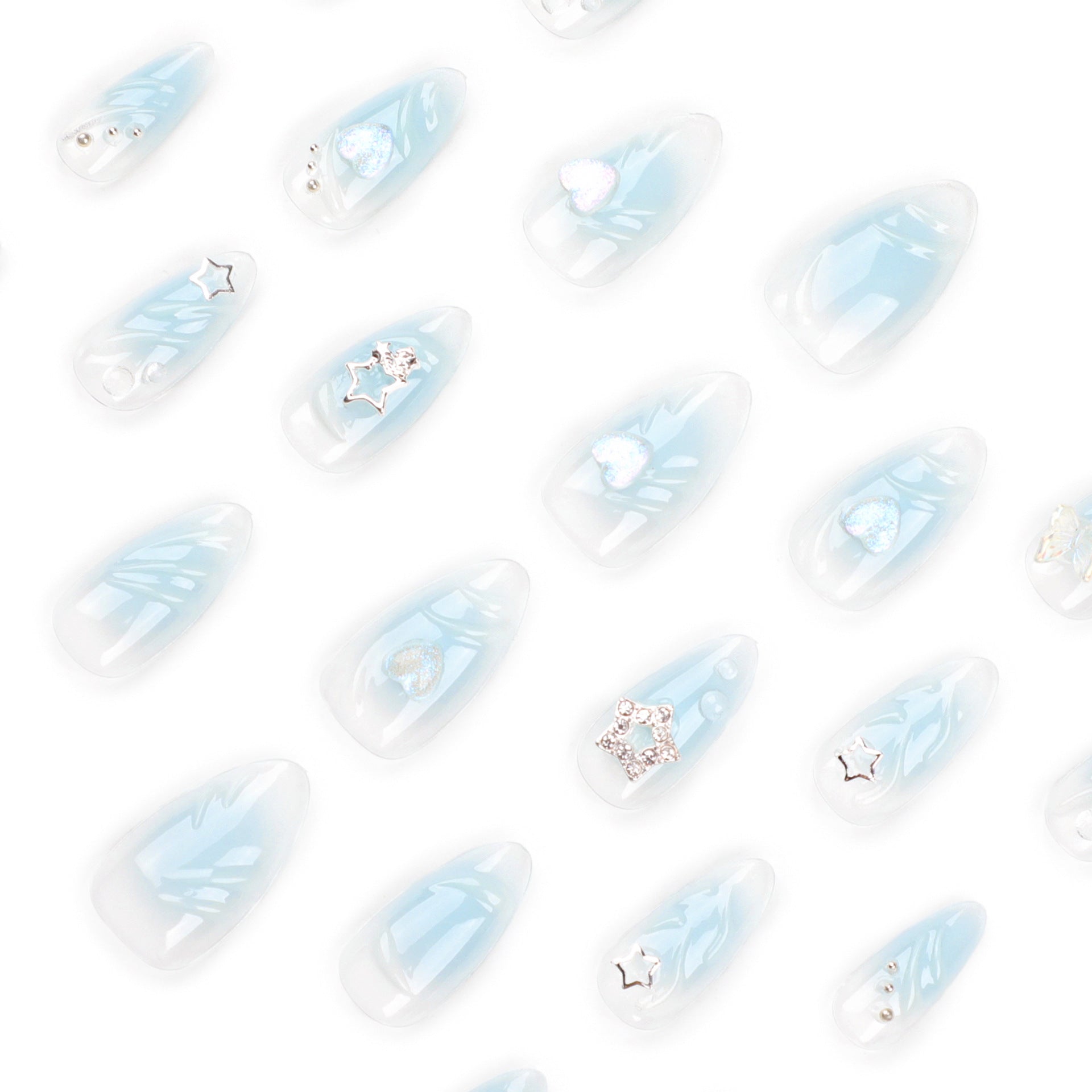 Unhas postiças destacáveis com manchas azuis, atacado, novas unhas de manicure 3D, unhas postiças com estampa de estrela do amor, unhas postiças ｜365nails
