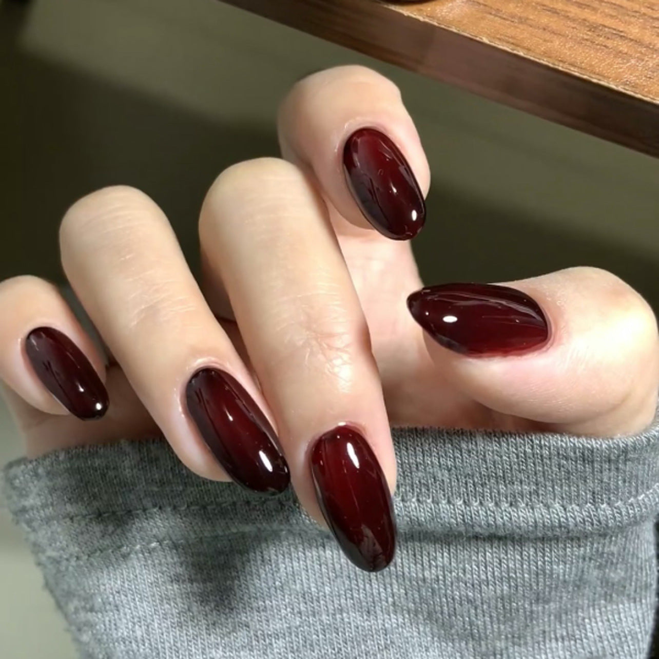 Deep Wine Glossy Solid Color Press On Nails