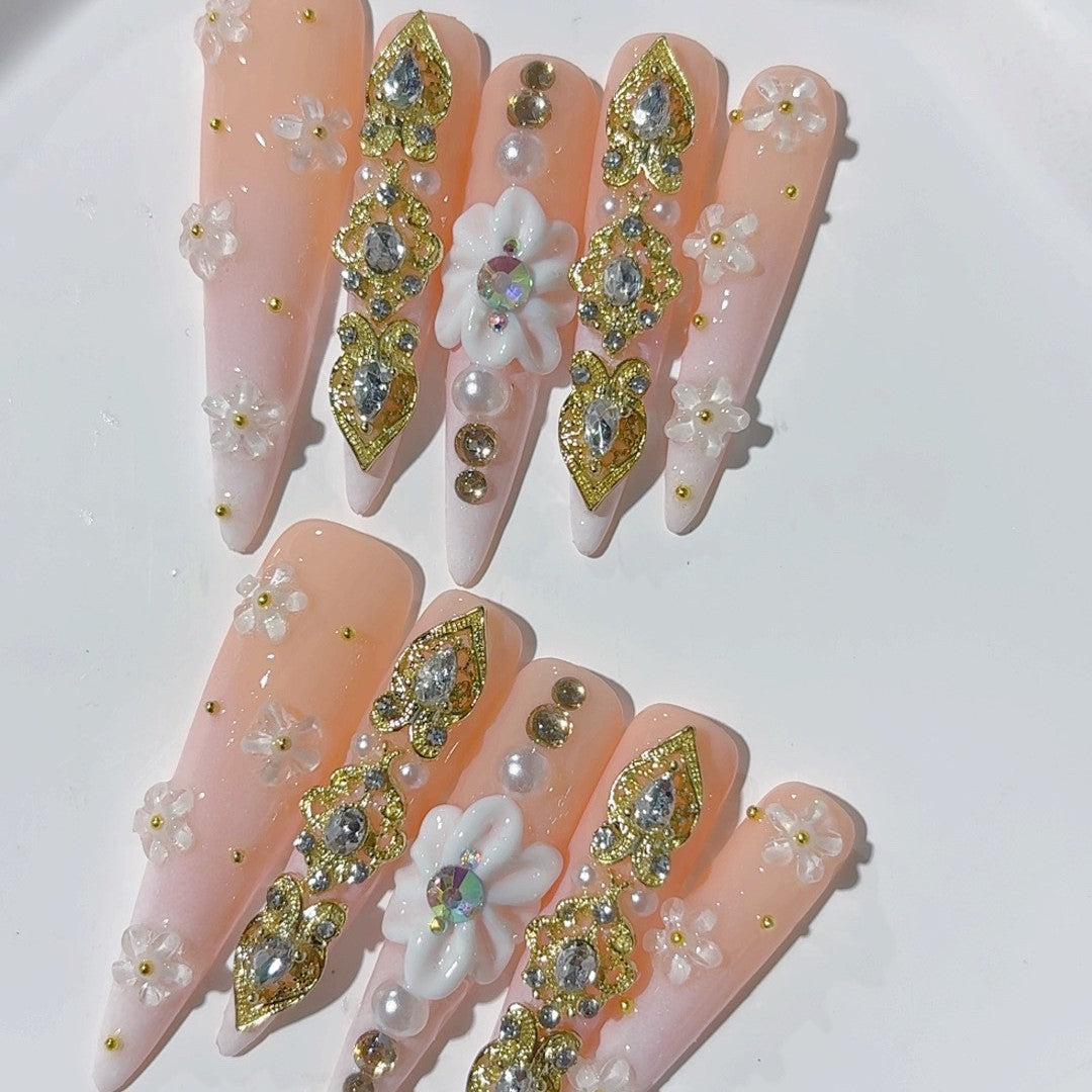 粉金花卉水晶奢華穿戴甲組