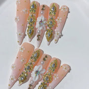 粉金花卉水晶奢華穿戴甲組
