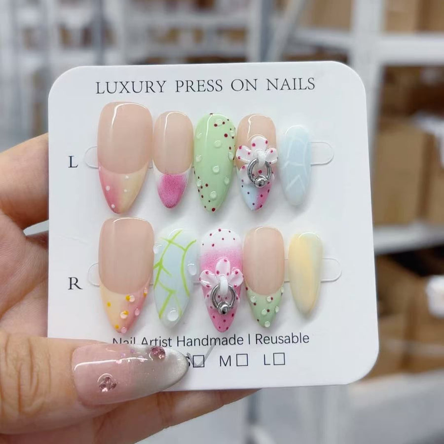 Pastel Dream: "Fruit & Bloom" – Medium Almond Handmade Press On Nails