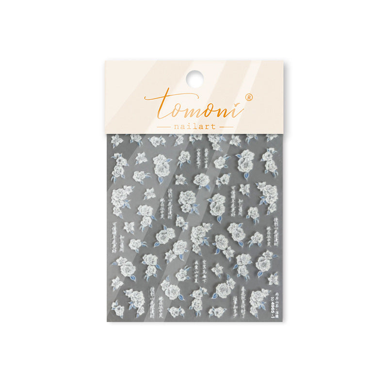 Blue & Gold Camellia Embossed: "Elegant Winter Camellia" – 5D Embossed Nail Sticker