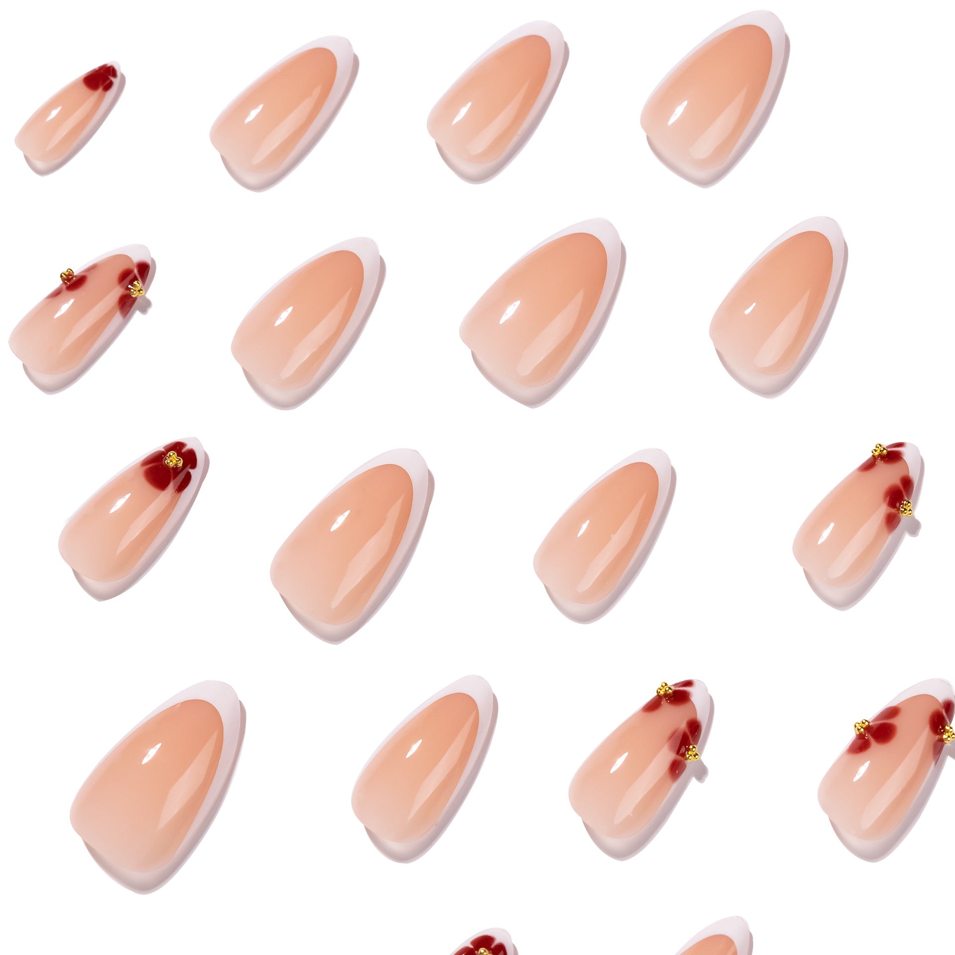 365nails: "Red Floral French Oval" – Romantic Press-on Nails