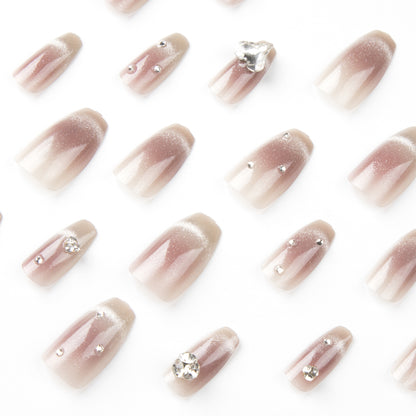 Nail piece  gray pink cat eye love rhinestone stack drill  piece False nail removable finished product｜365nails