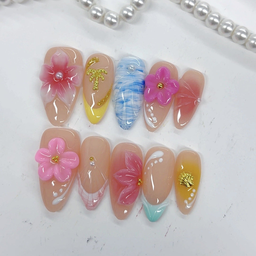 Tropical Bloom: "Beachside Floral Escape" – Almond Press-On Nails