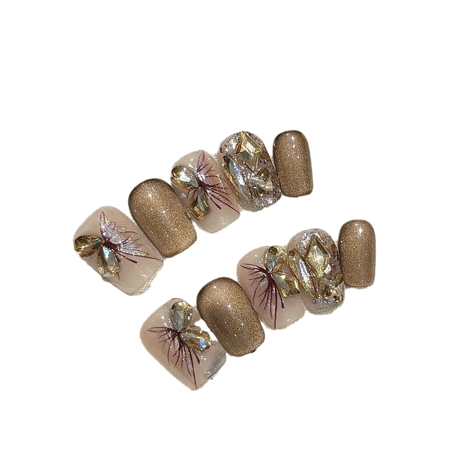 365nails: "Golden Hour" – 3D Gem & Hand-Painted Floral Handmade Short Square Nails