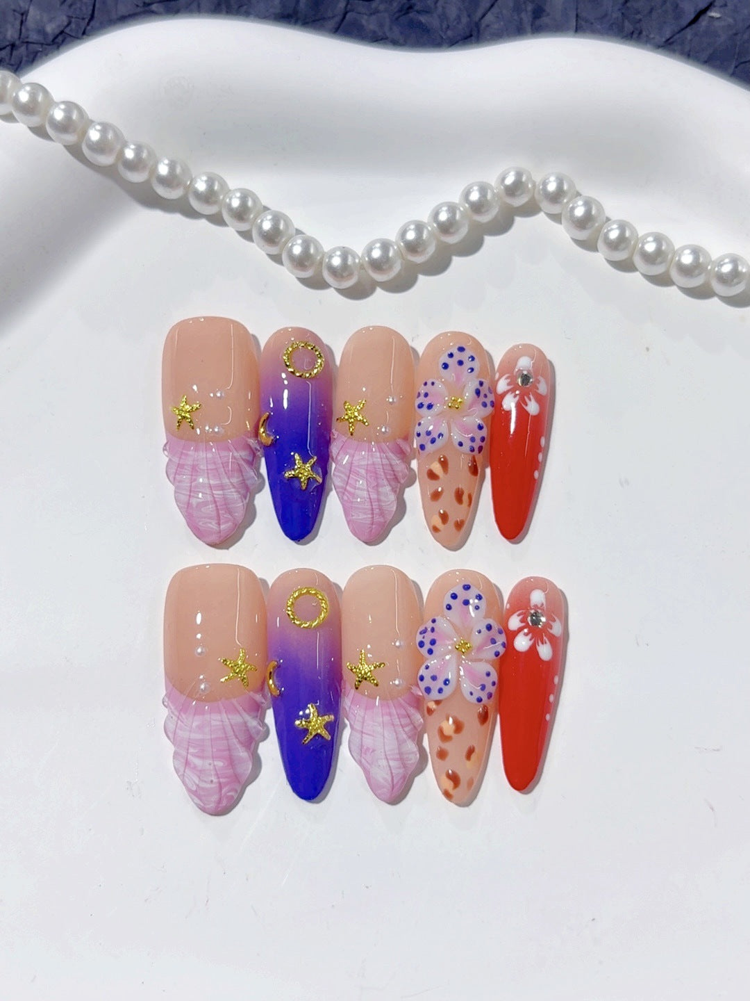 365nails-Fantasia de Sereia: "Concha e Estrela-do-mar" – Unhas Postiças Longas Amendoadas Feitas à Mão