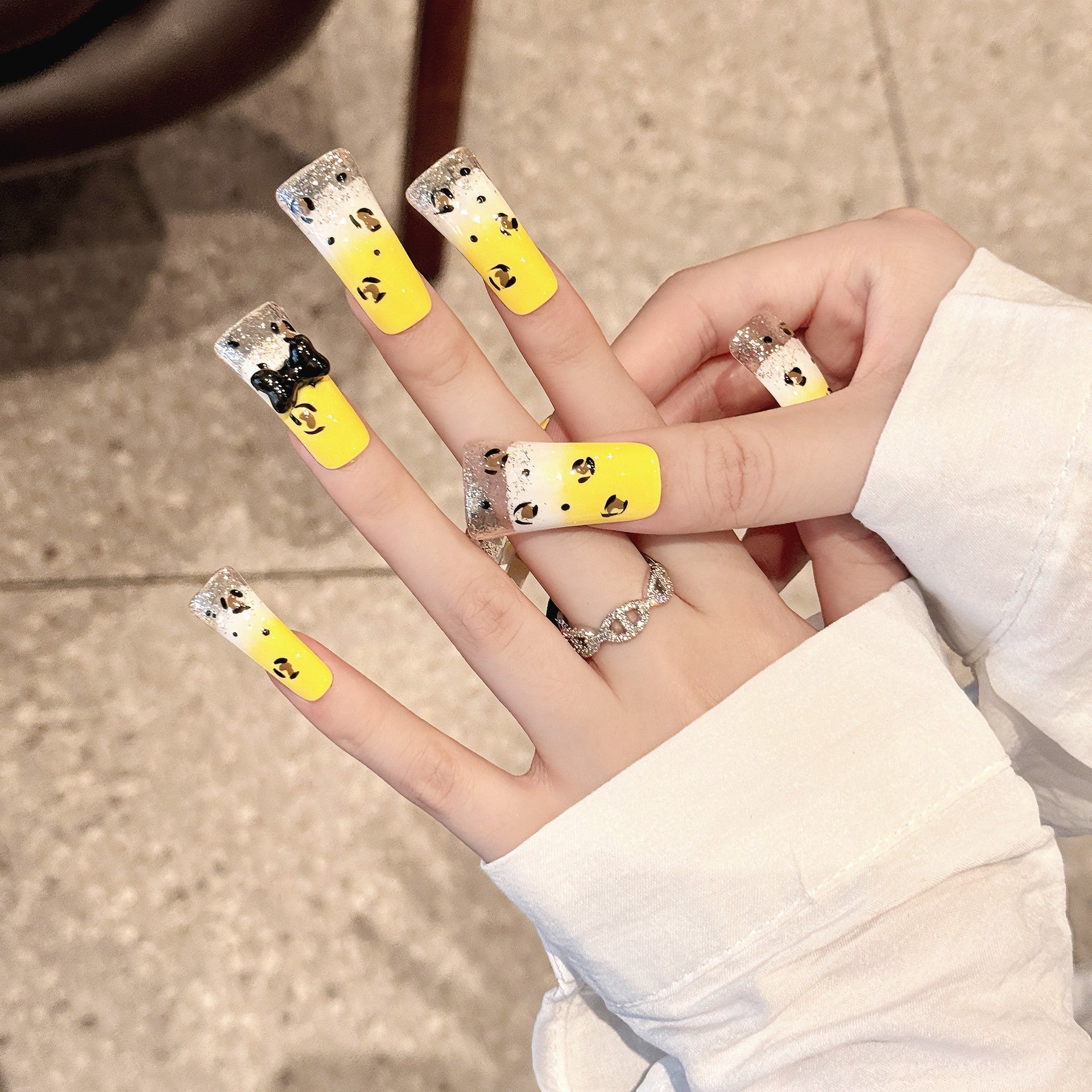 365nails: "Golden Hour Glam" – 3D Bow & Leopard Print Handmade Coffin Nails