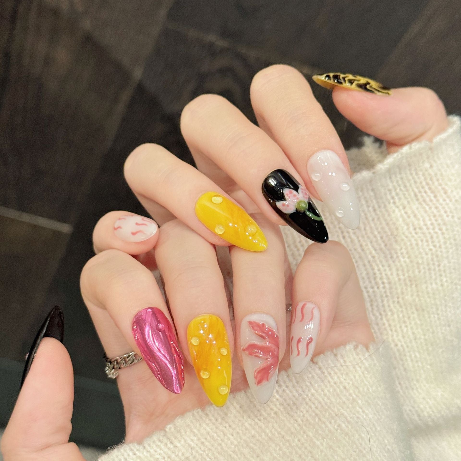 365nails: "Tropical Bloom" – 3D Floral & Leopard Print Handmade Almond Nails