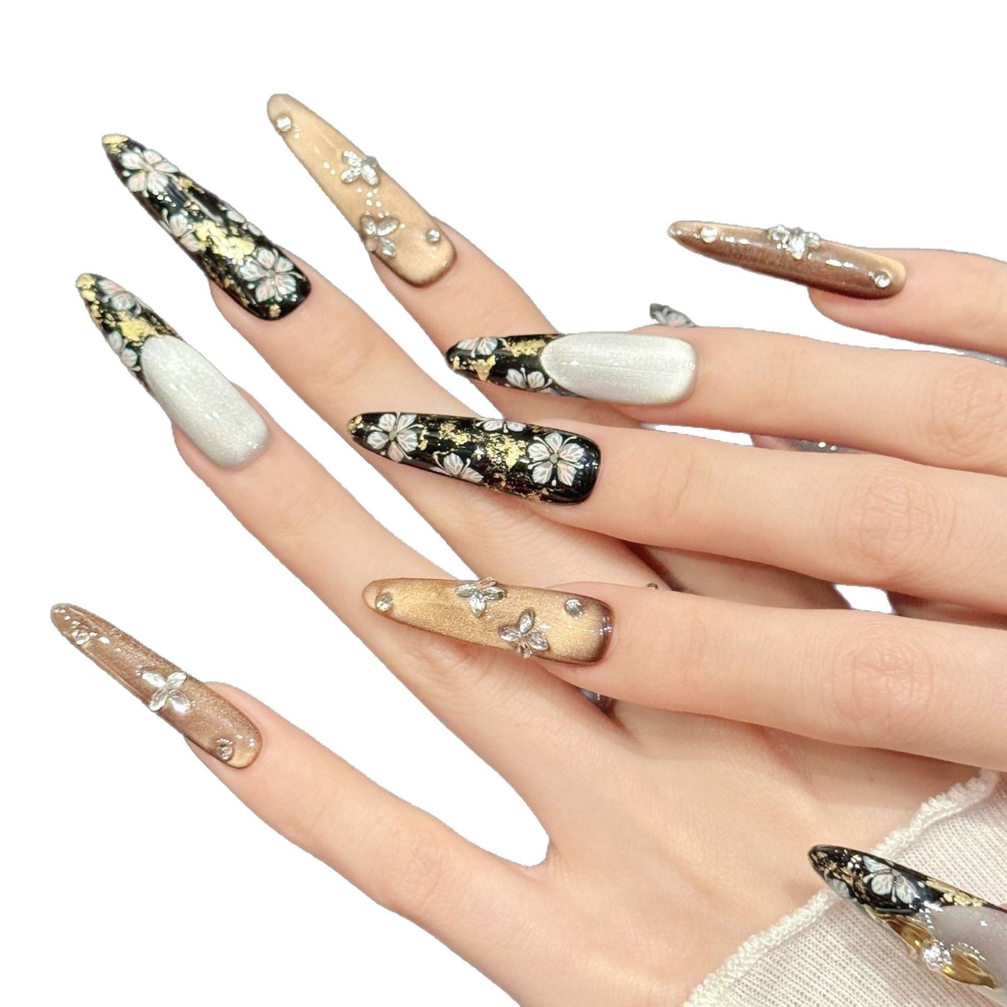 Gold Black Floral Metallic Butterfly Luxury Press On Nails