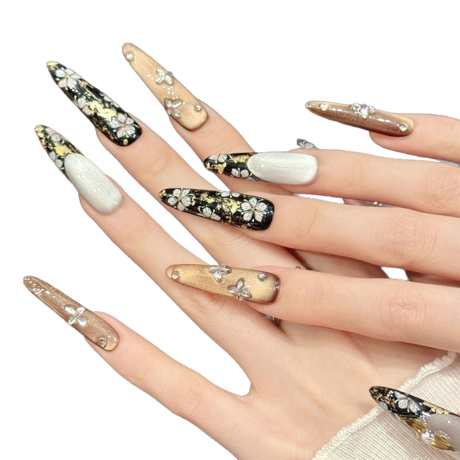 Gold Black Floral Metallic Butterfly Luxury Press On Nails