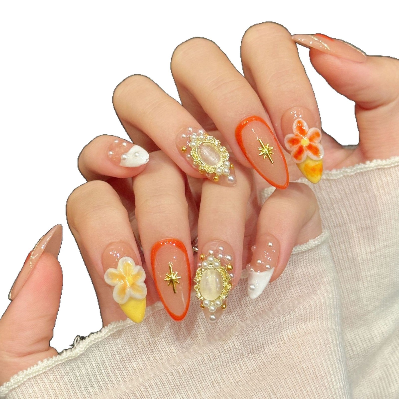 Tropical Flower Pearl Accent Press On Nails