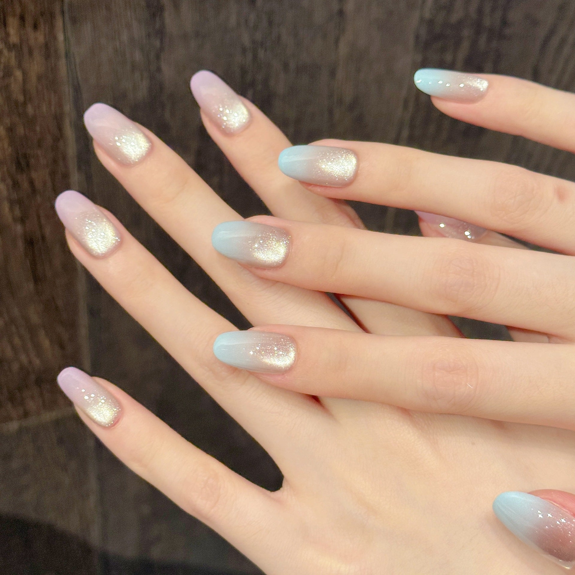 365nails: "Iridescent Aurora" – Hand-Painted Ombré Cat Eye Handmade Press on Nails Short Almond Nails