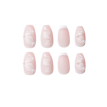 Pink Ballet Ribbon French Pearl Wearing Nail Finished Fake Nail Nail Patch Nail Patch Removable Nail Patch｜365nails