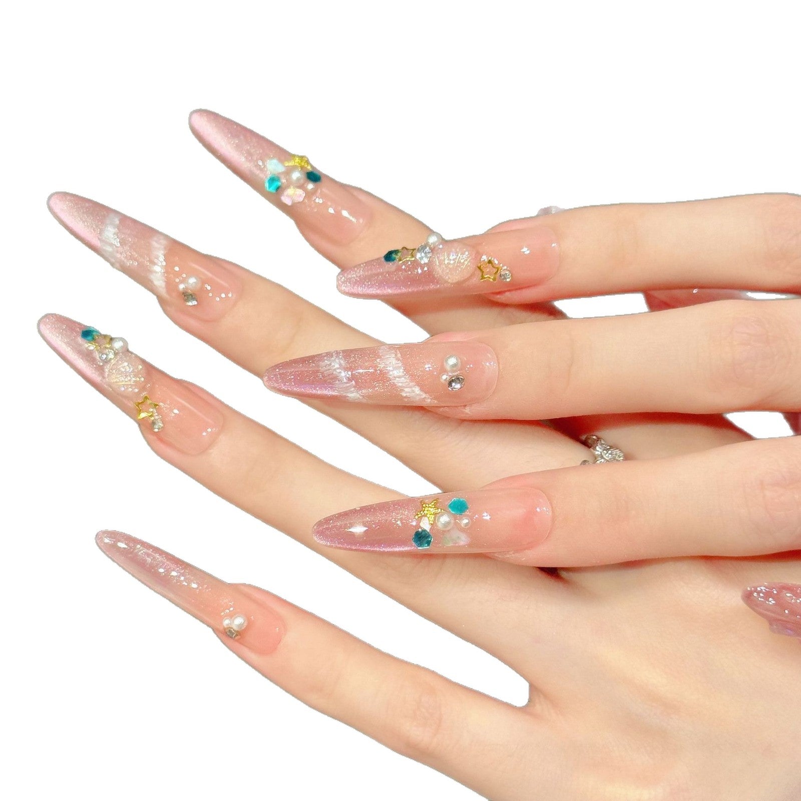 365nails: "Ethereal Bloom" – 3D Seashell & Pearl Handmade Long Almond Nails
