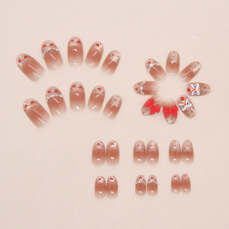 Manicura extraíble con efecto ojo de gato color champán, lazo francés con rubor, danza del león, perla, destello de diamante, 30 piezas｜365nails