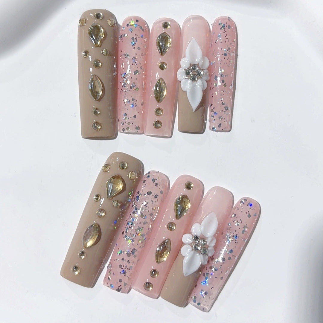 Blush Nude Crystal Floral Luxury Press On Nails