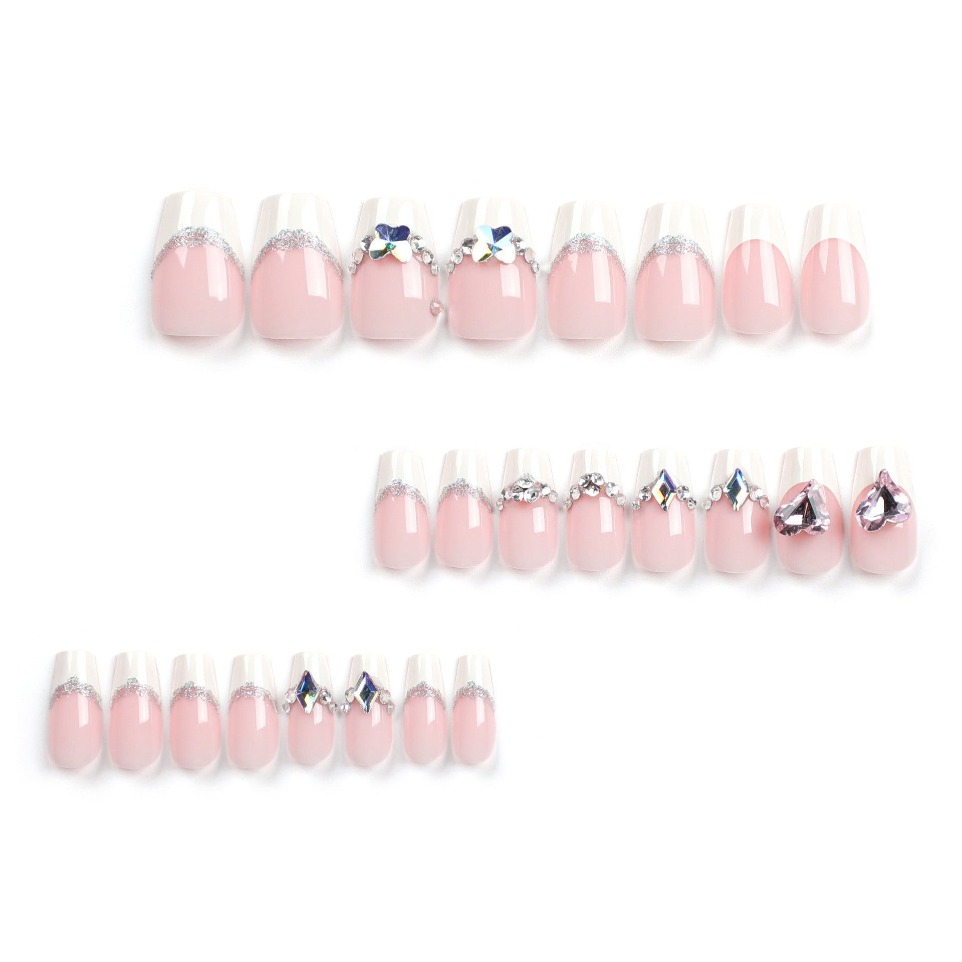 Unhas francesas com flash de diamantes explosivos, adesivos de unha removíveis e usáveis, arte de unhas falsas ｜365nails