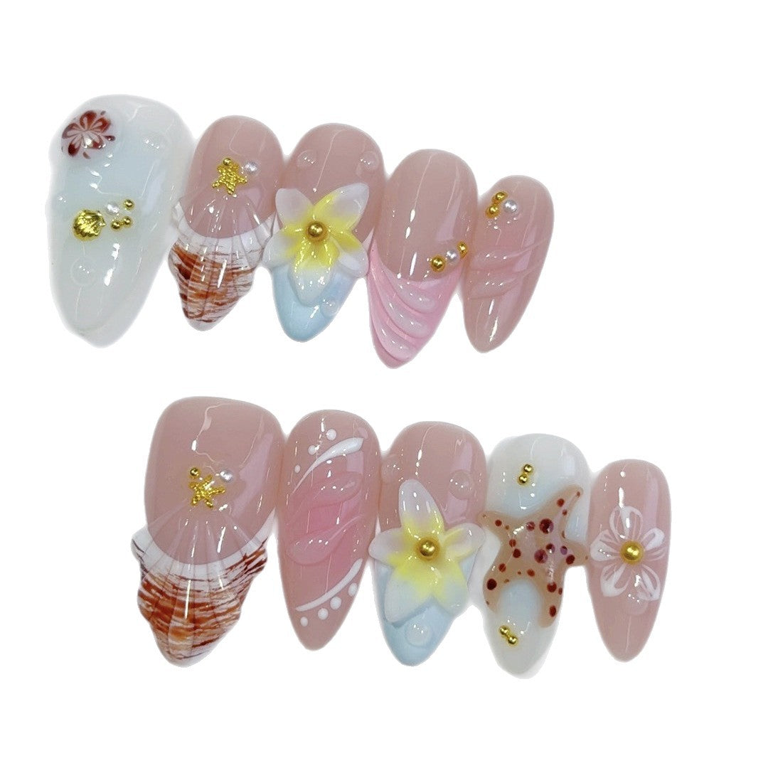 Beach Breeze: "Seashell & Floral" – Almond Press-On Nails