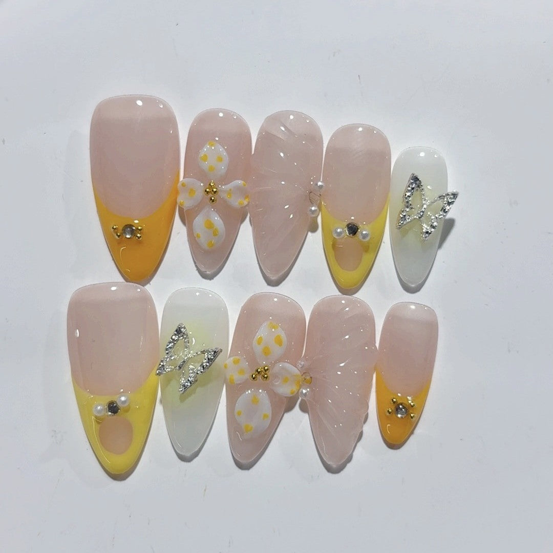 365nails-Lemon Butterfly: "Fresh Floral" – Almond Shape Handmade 3D Carved Press-On Nails