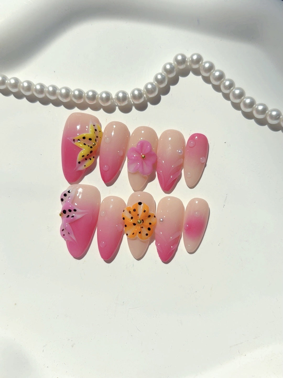 Sweet Tropical: "Pink Butterfly Bloom" – Medium Almond Nude & Pink Gradient Handmade Press-On
