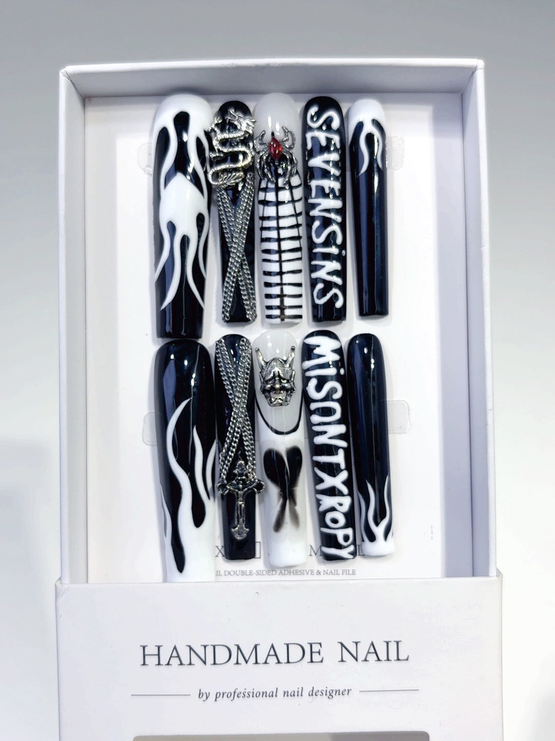 Black White Gothic Cross Flame Statement Press On Nails