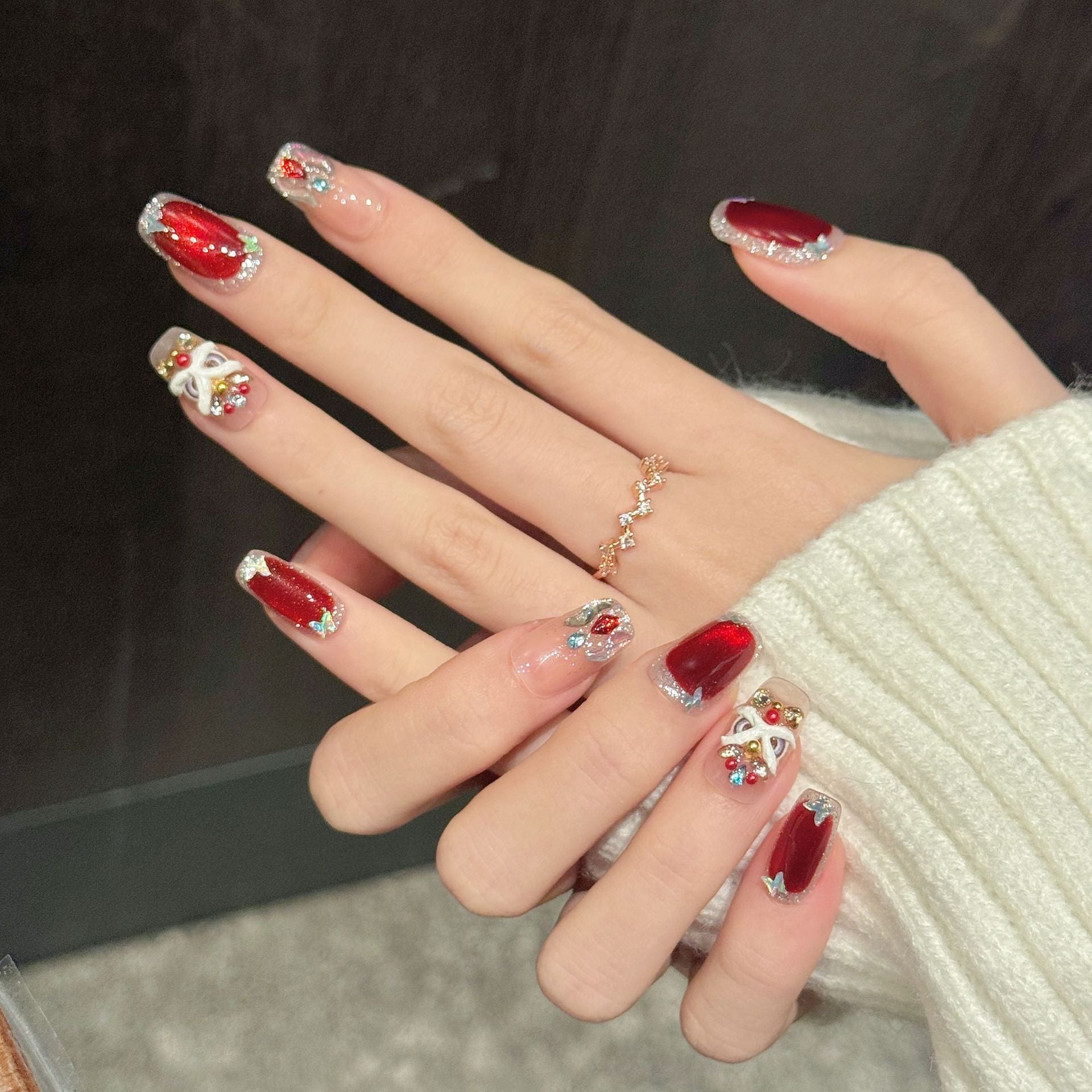 Glazed Gold Collection: "Ruby Whisper" – Short Square/Short Oval Press-On Nails